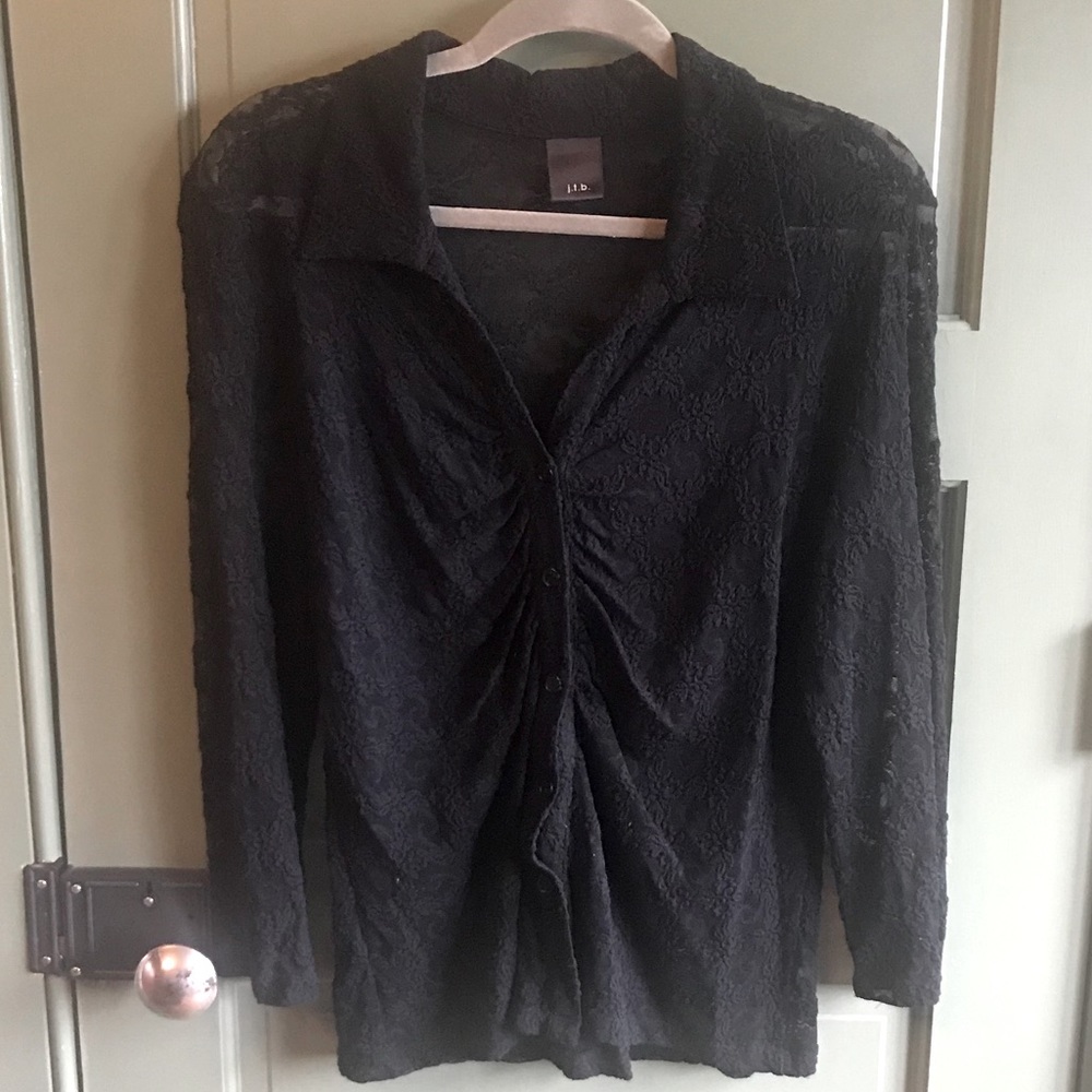 Ruched Black Stretch Lace Button Up Blouse